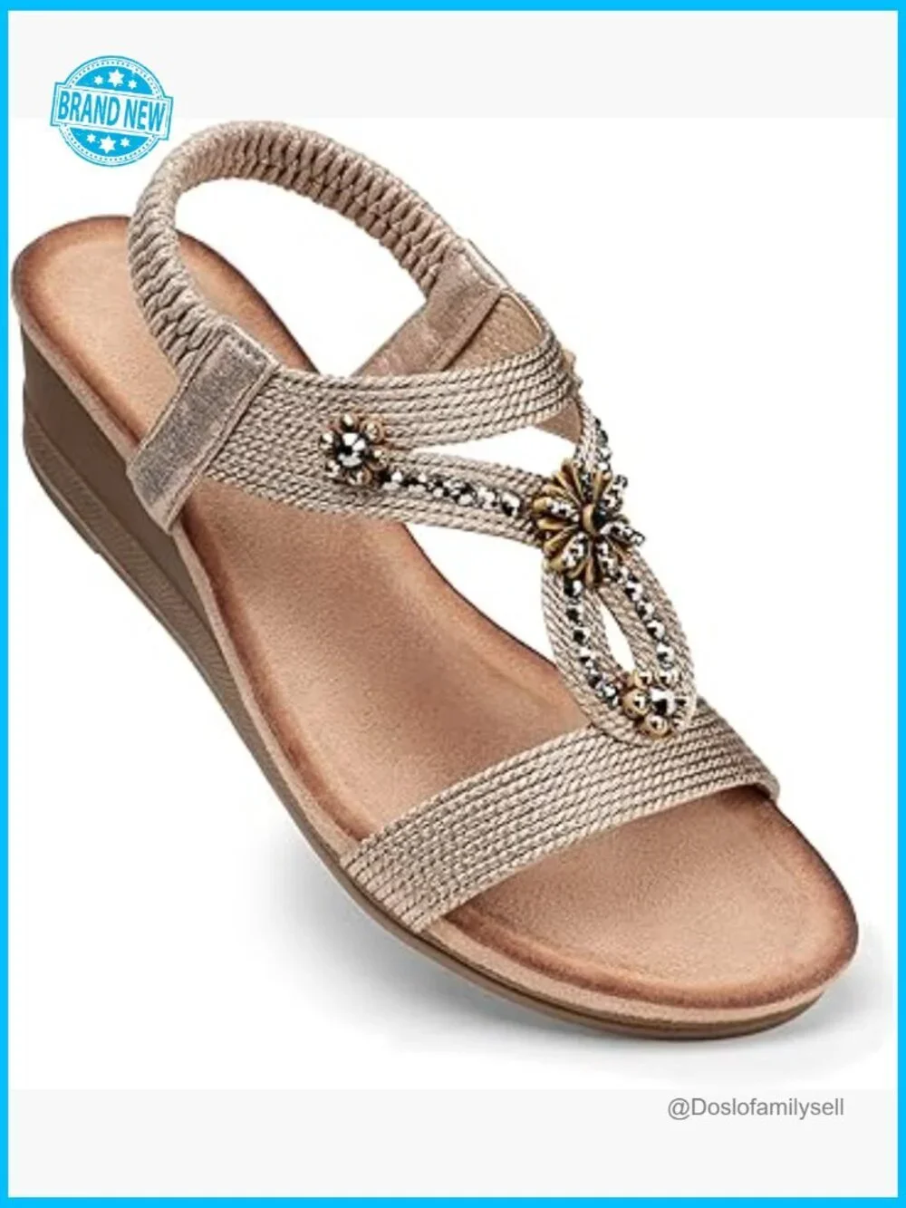 Wedge Sandals Low Heel Dressy Rhinestone Flower Elastic Strap Summer